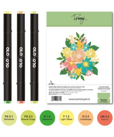 TOMMY ART - Corso OLO Beautiful Bouquet – KIT COMPLETO + FUSTELLA ( 6 colori OLO punta pennello + fustella + kit carta + pochette + corso online con Mybonnetbee)