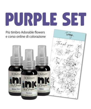 TOMMY ART - Purple set – 3 ink extreme 50ml – Malva – Glicine Chiaro – Pervinca + timbro Adorable flowers e corso online