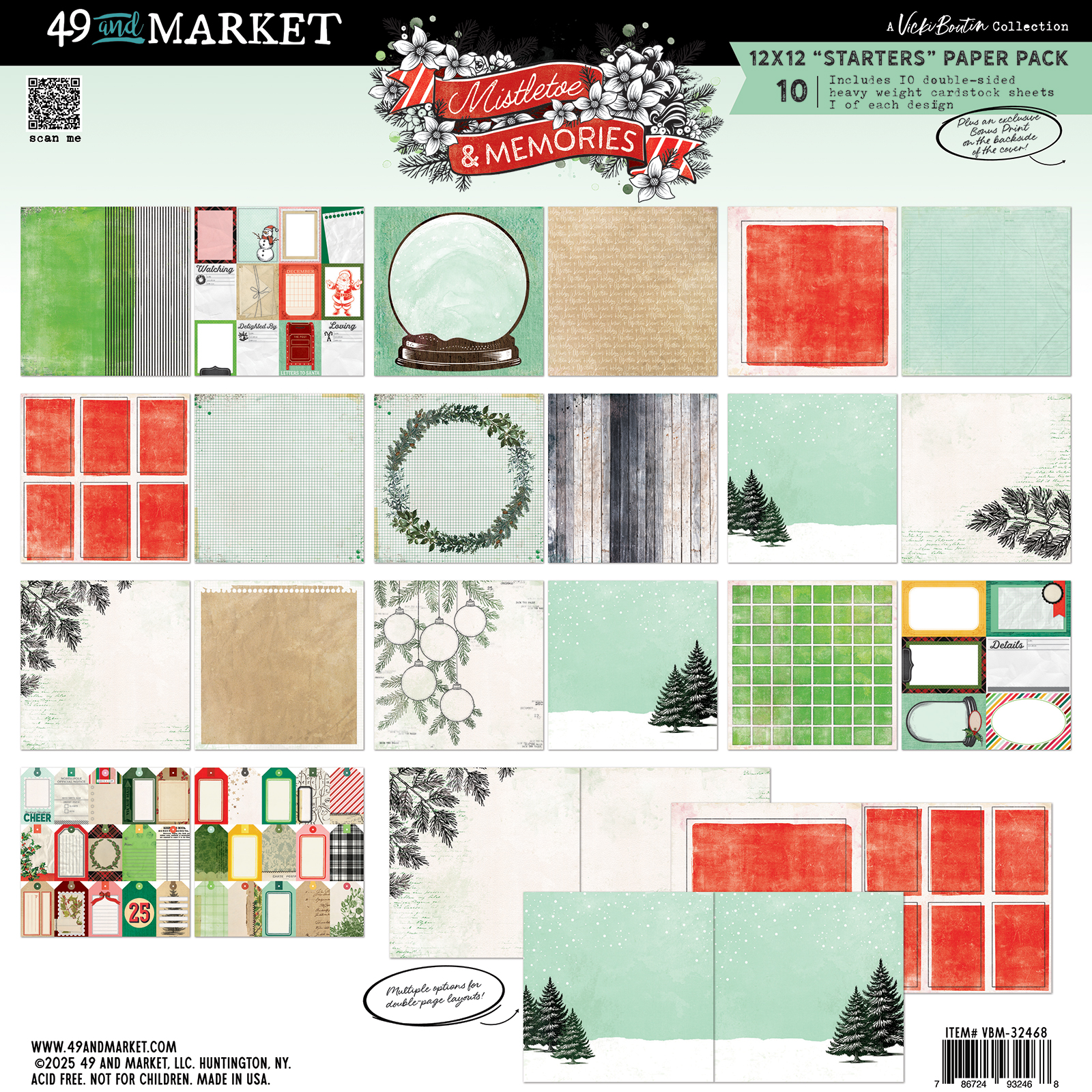 49 AND MARKET, Vicki Boutin - Collezione Mistletoe and Memories - 12x12 Starters Collection Pack (10 papers, 1 ea)