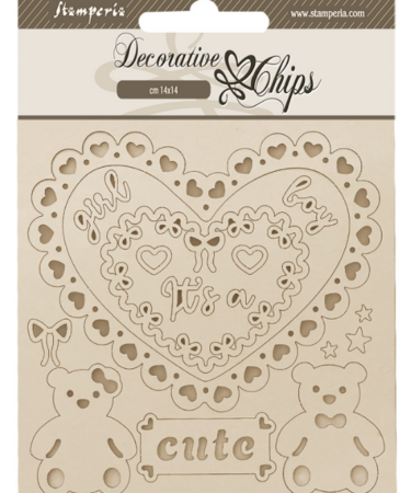 STAMPERIA - Collezione Baby - Decorative chips cm 14x14 cuore e orsetti