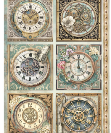 STAMPERIA - Collezione Gardens of Time -  Printed A4 Rice paper for Art and Craft - Gardens of Time 6 clocks