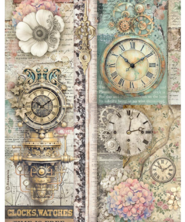 STAMPERIA  - Collezione Gardens of Time -Printed A4 Rice paper for Art and Craft - Gardens of Time clocks time is free