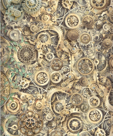 STAMPERIA  - Collezione Gardens of Time -  Printed A4 Rice paper for Art and Craft - Gardens of Time gears pattern