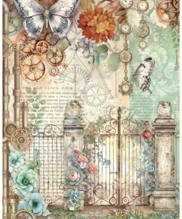 STAMPERIA  - Collezione Gardens of Time -  Printed A4 Rice paper for Art and Craft - Gardens of Time gate and butterfly