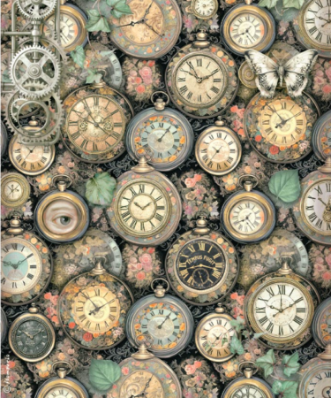 STAMPERIA  - Collezione Gardens of Time -  Printed A4 Rice paper for Art and Craft - Gardens of Time clock pattern