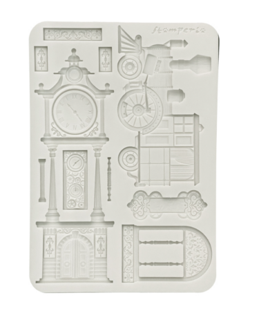 STAMPERIA  - Collezione Gardens of Time -  Silicon mould Designs A5 for Art and Craft - Gardens of Time train and longcase clock