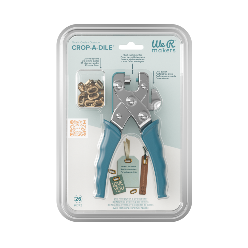 Immagine di un tool creativo che serve per perforare la carta e inserire degli occhielli di forma ovale. Si chiama oval Crop-a-Dile